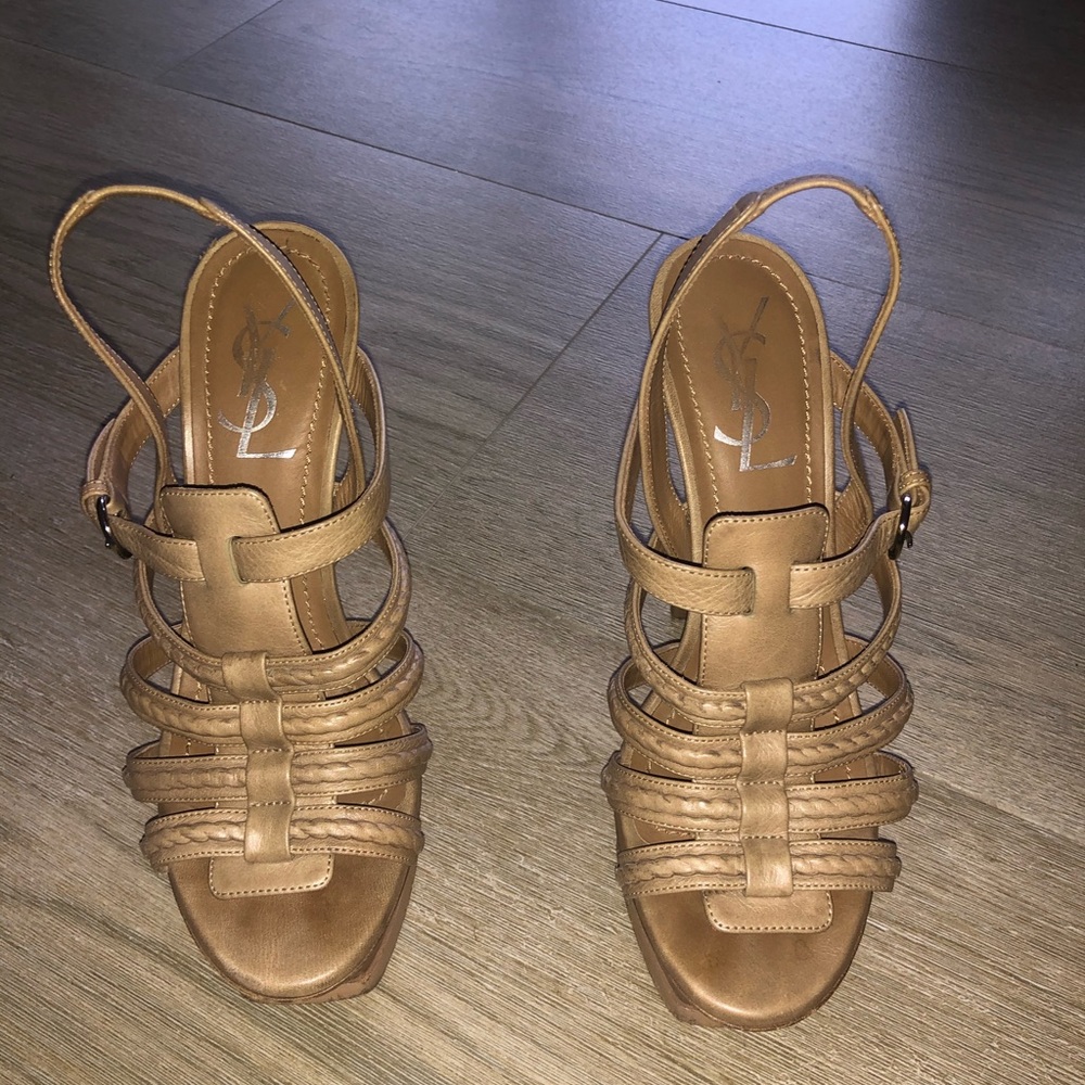 YSL tribute super high camel platform stillettos